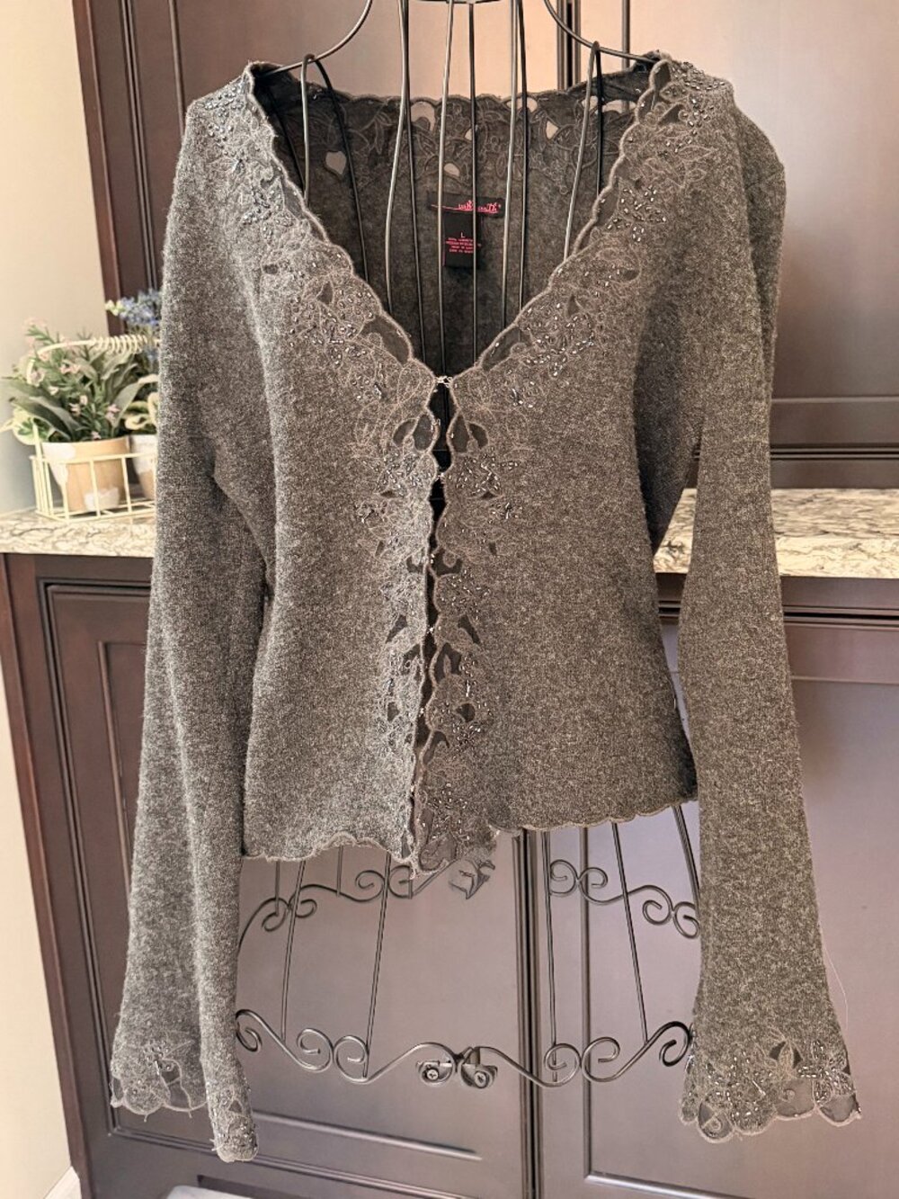 Willi Smith Ornate Waist Length Beaded Cut-Out Sweater with Bell Sleeves EUC